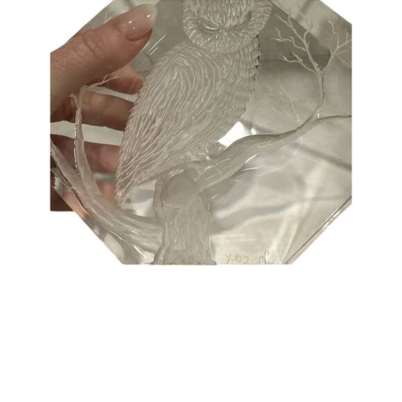 Vintage M. COX Reverse Carved Owl Lucite Cube Sculpture Paperweight Signed - Picture 5 of 11